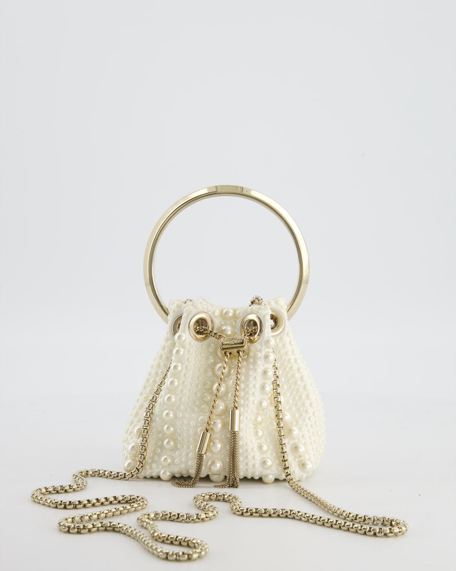 Jimmy Choo Ivory Satin Micro Bon Bon Pouch Bag with Champagne Gold Hardware and Cross-Body Strap  RRP £1,295