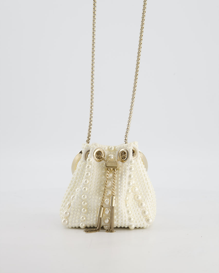 Jimmy Choo Ivory Satin Micro Bon Bon Pouch Bag with Champagne Gold Hardware and Cross-Body Strap  RRP £1,295