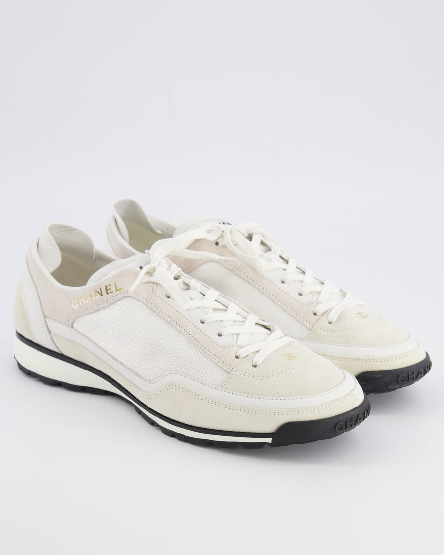 Chanel Cream Suede and Leather Trainers with Black Soles and Gold Metallic Logo Details Size EU 38.5