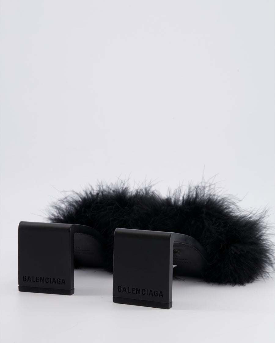 Balenciaga Black Mono Feather Embellished Heeled Mules with Logo Detail Size EU 37