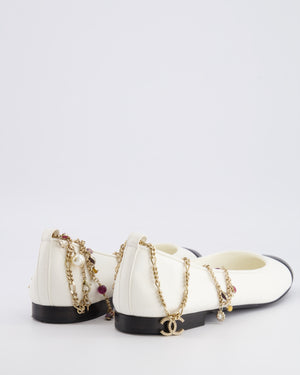 Chanel White Leather Ballerina Flats with Black Toecap and Pearl and Stone Embellished Gold Ankle Chain Strap with CC Logos Size EU 39.5