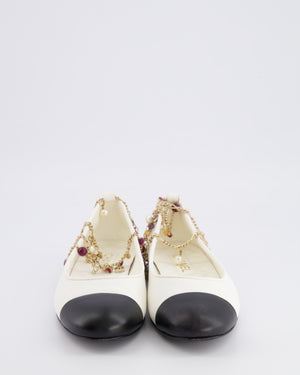 Chanel White Leather Ballerina Flats with Black Toecap and Pearl and Stone Embellished Gold Ankle Chain Strap with CC Logos Size EU 39.5