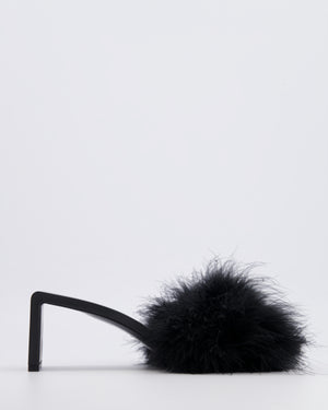 Balenciaga Black Mono Feather Embellished Heeled Mules with Logo Detail Size EU 37