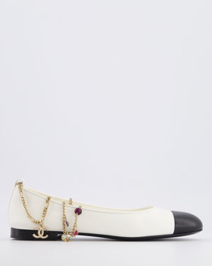 Chanel White Leather Ballerina Flats with Black Toecap and Pearl and Stone Embellished Gold Ankle Chain Strap with CC Logos Size EU 39.5