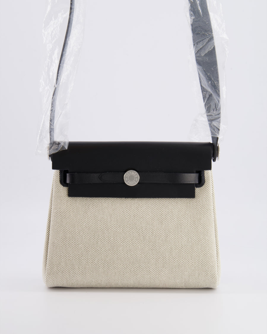 *NEW RELEASE & RARE* Hermès Herbag Zip 20 Bag in Ecru & Vert Amande Viking Toile H Canvas & Noir Vache Hunter Leather with Palladium Hardware