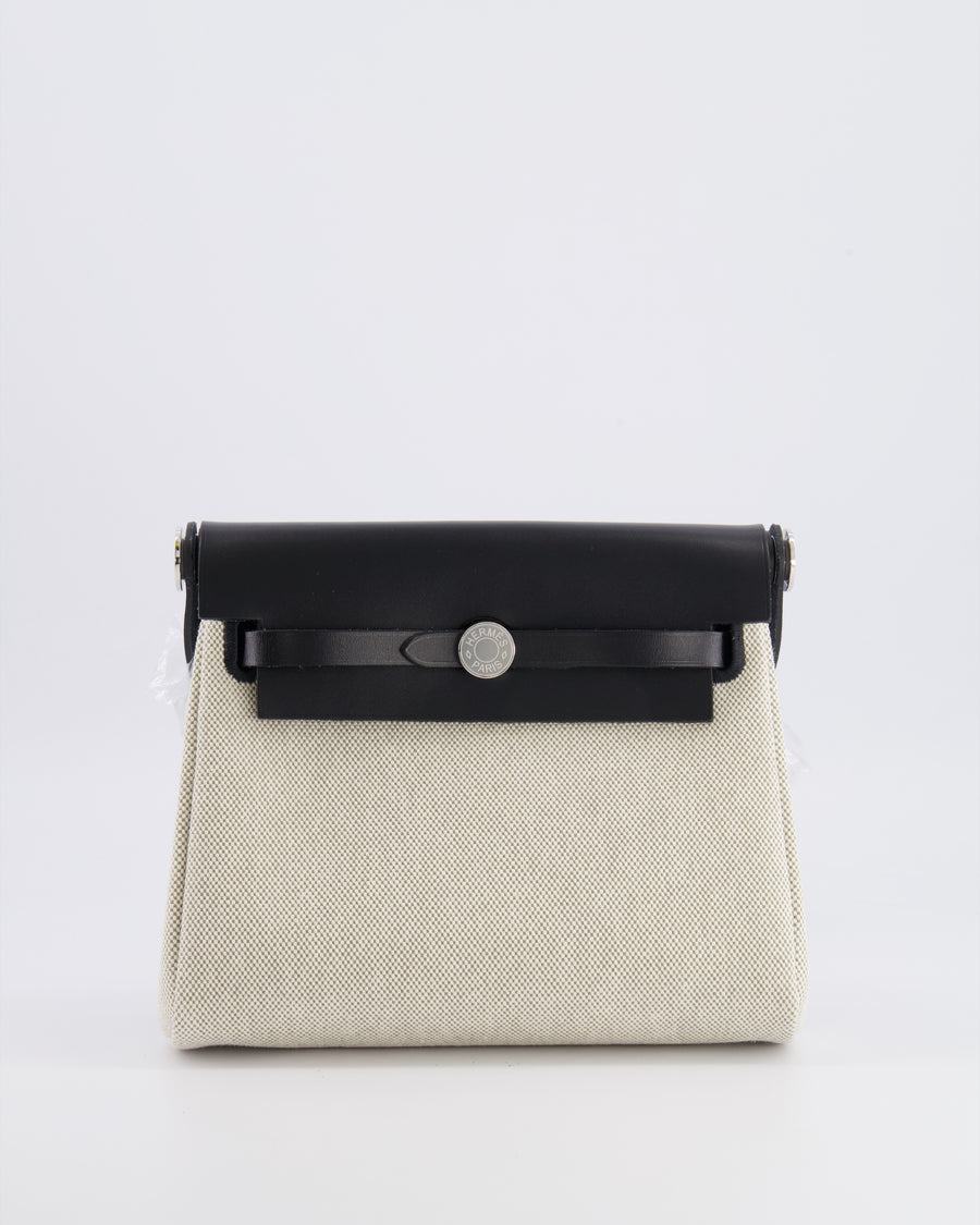 *NEW RELEASE & RARE* Hermès Herbag Zip 20 Bag in Ecru & Vert Amande Viking Toile H Canvas & Noir Vache Hunter Leather with Palladium Hardware