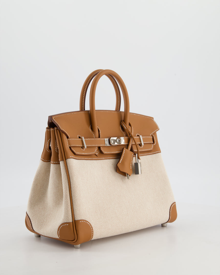 *RARE* Hermès Birkin 25 Retourne Bag in Ecru/Beige Toile H Canvas and Gold Swift Leather with Palladium Hardware