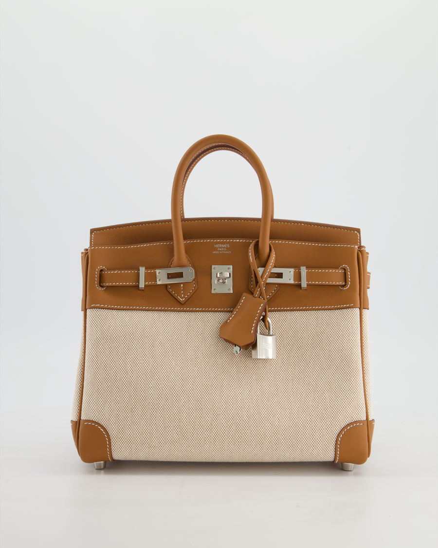 *RARE* Hermès Birkin 25 Retourne Bag in Ecru/Beige Toile H Canvas and Gold Swift Leather with Palladium Hardware