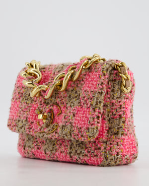 Chanel Mini 19 Flap Bag in Pink, Beige Check Tweed with Gold Hardware and Chunky Gold Chain Handle