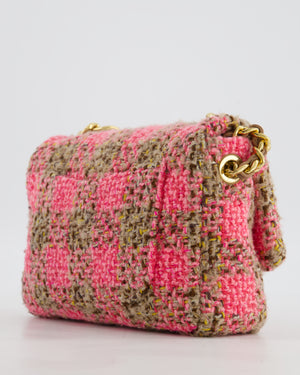 Chanel Mini 19 Flap Bag in Pink, Beige Check Tweed with Gold Hardware and Chunky Gold Chain Handle