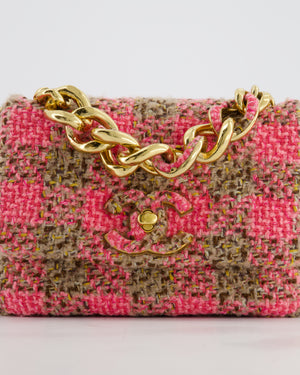 Chanel Mini 19 Flap Bag in Pink, Beige Check Tweed with Gold Hardware and Chunky Gold Chain Handle