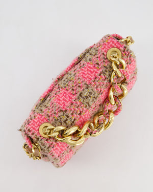 Chanel Mini 19 Flap Bag in Pink, Beige Check Tweed with Gold Hardware and Chunky Gold Chain Handle