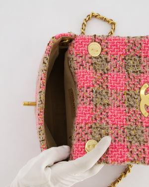 Chanel Mini 19 Flap Bag in Pink, Beige Check Tweed with Gold Hardware and Chunky Gold Chain Handle