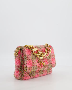 Chanel Mini 19 Flap Bag in Pink, Beige Check Tweed with Gold Hardware and Chunky Gold Chain Handle