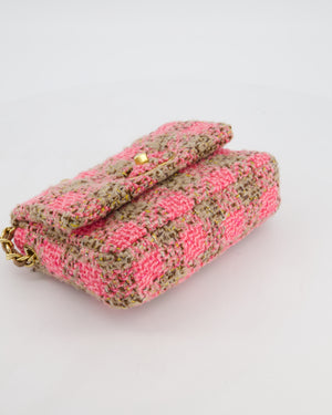 Chanel Mini 19 Flap Bag in Pink, Beige Check Tweed with Gold Hardware and Chunky Gold Chain Handle