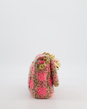 Chanel Mini 19 Flap Bag in Pink, Beige Check Tweed with Gold Hardware and Chunky Gold Chain Handle