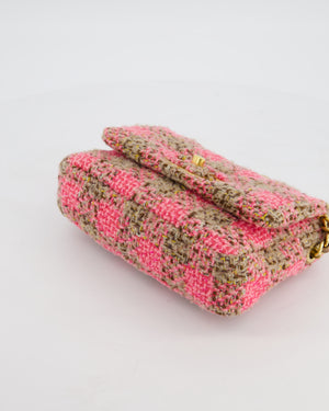 Chanel Mini 19 Flap Bag in Pink, Beige Check Tweed with Gold Hardware and Chunky Gold Chain Handle