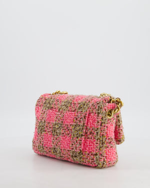 Chanel Mini 19 Flap Bag in Pink, Beige Check Tweed with Gold Hardware and Chunky Gold Chain Handle