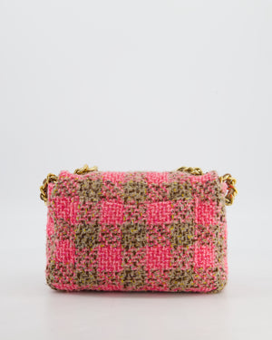Chanel Mini 19 Flap Bag in Pink, Beige Check Tweed with Gold Hardware and Chunky Gold Chain Handle