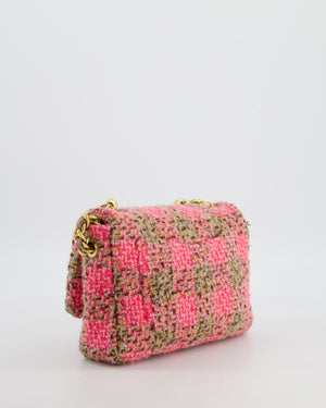 Chanel Mini 19 Flap Bag in Pink, Beige Check Tweed with Gold Hardware and Chunky Gold Chain Handle