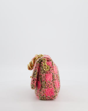 Chanel Mini 19 Flap Bag in Pink, Beige Check Tweed with Gold Hardware and Chunky Gold Chain Handle