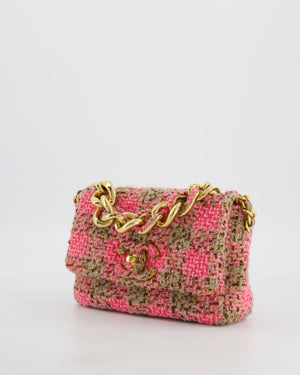 Chanel Mini 19 Flap Bag in Pink, Beige Check Tweed with Gold Hardware and Chunky Gold Chain Handle