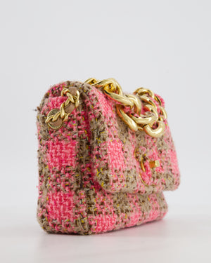 Chanel Mini 19 Flap Bag in Pink, Beige Check Tweed with Gold Hardware and Chunky Gold Chain Handle