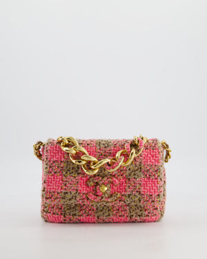 Chanel Mini 19 Flap Bag in Pink, Beige Check Tweed with Gold Hardware and Chunky Gold Chain Handle