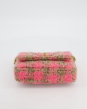 Chanel Mini 19 Flap Bag in Pink, Beige Check Tweed with Gold Hardware and Chunky Gold Chain Handle