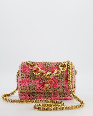 Chanel Mini 19 Flap Bag in Pink, Beige Check Tweed with Gold Hardware and Chunky Gold Chain Handle