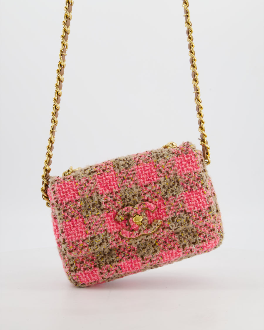 Chanel Mini 19 Flap Bag in Pink, Beige Check Tweed with Gold Hardware and Chunky Gold Chain Handle