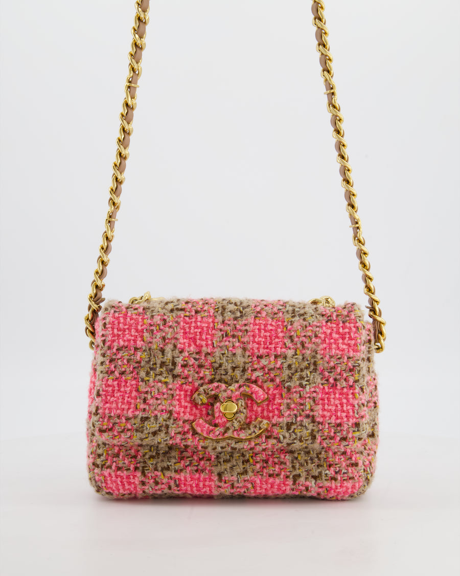 Chanel Mini 19 Flap Bag in Pink, Beige Check Tweed with Gold Hardware and Chunky Gold Chain Handle