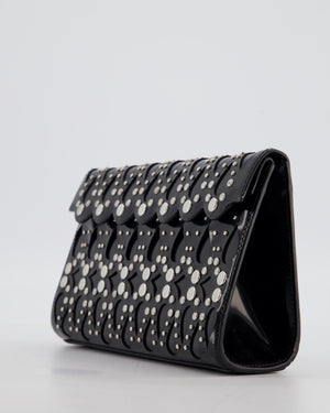 Alaïa Studded Laser Cut Flap Clutch Bag in Black Patent Leather with Wrist Strap and Mirror