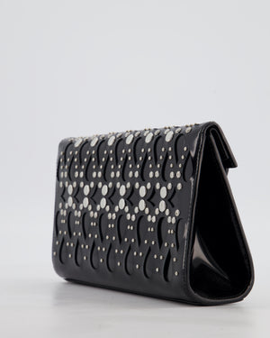 Alaïa Studded Laser Cut Flap Clutch Bag in Black Patent Leather with Wrist Strap and Mirror