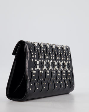 Alaïa Studded Laser Cut Flap Clutch Bag in Black Patent Leather with Wrist Strap and Mirror