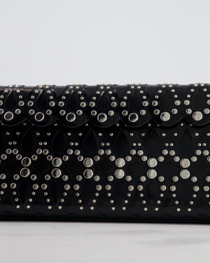 Alaïa Studded Laser Cut Flap Clutch Bag in Black Patent Leather with Wrist Strap and Mirror