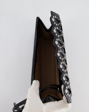 Alaïa Studded Laser Cut Flap Clutch Bag in Black Patent Leather with Wrist Strap and Mirror
