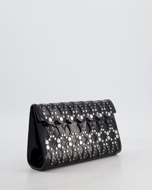 Alaïa Studded Laser Cut Flap Clutch Bag in Black Patent Leather with Wrist Strap and Mirror