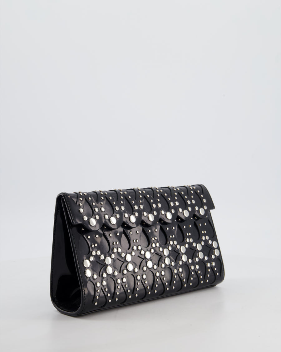 Alaïa Studded Laser Cut Flap Clutch Bag in Black Patent Leather with Wrist Strap and Mirror