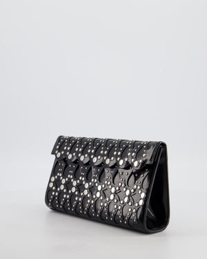 Alaïa Studded Laser Cut Flap Clutch Bag in Black Patent Leather with Wrist Strap and Mirror