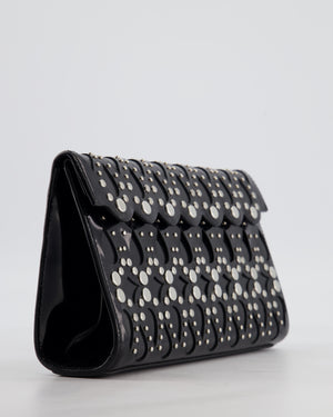 Alaïa Studded Laser Cut Flap Clutch Bag in Black Patent Leather with Wrist Strap and Mirror