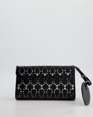 Alaïa Studded Laser Cut Flap Clutch Bag in Black Patent Leather with Wrist Strap and Mirror
