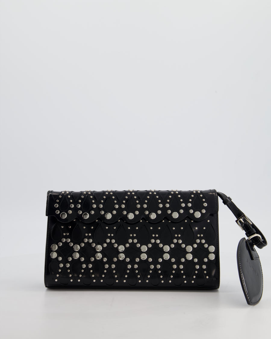 Alaïa Studded Laser Cut Flap Clutch Bag in Black Patent Leather with Wrist Strap and Mirror