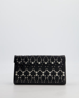 Alaïa Studded Laser Cut Flap Clutch Bag in Black Patent Leather with Wrist Strap and Mirror