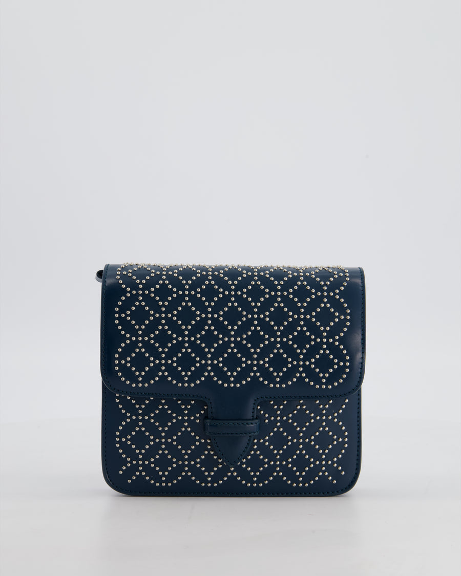 Alaïa Studded Leather Mini Shoulder Bag in Teal Leather with Silver Hardware