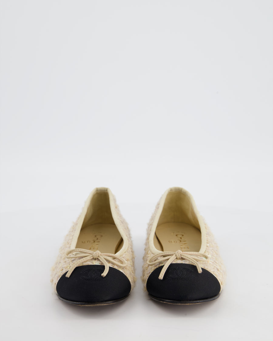 Chanel Cream Tweed and Sequin Ballet Flats with Grosgrain Cap Toe and CC Logo Size EU 37C