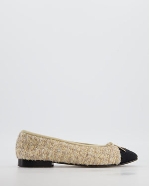 Chanel Cream Tweed and Sequin Ballet Flats with Grosgrain Cap Toe and CC Logo Size EU 37C