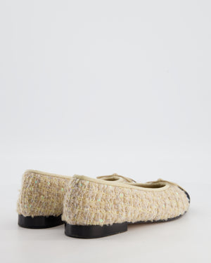 Chanel Cream Tweed and Sequin Ballet Flats with Grosgrain Cap Toe and CC Logo Size EU 37C