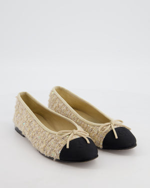 Chanel Cream Tweed and Sequin Ballet Flats with Grosgrain Cap Toe and CC Logo Size EU 37C