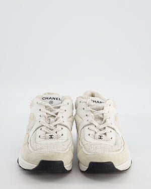 Chanel White and Silver Suede and Tweed Trainers with CC Detail Size EU 38
